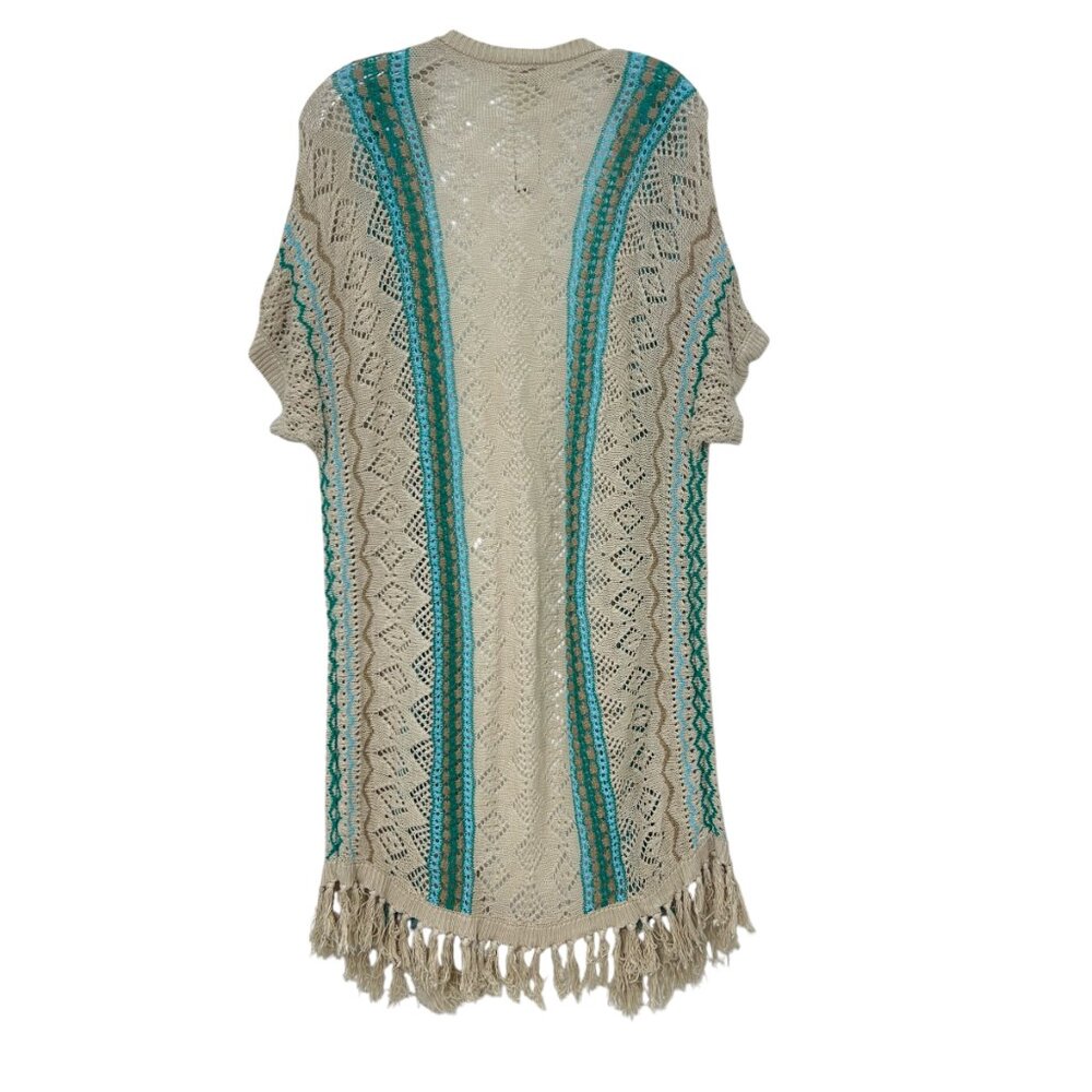 Chico's 100% linen crochet Teal Mix Fringe Detail Cardigan women's size 2 / L - Picture 3 of 8